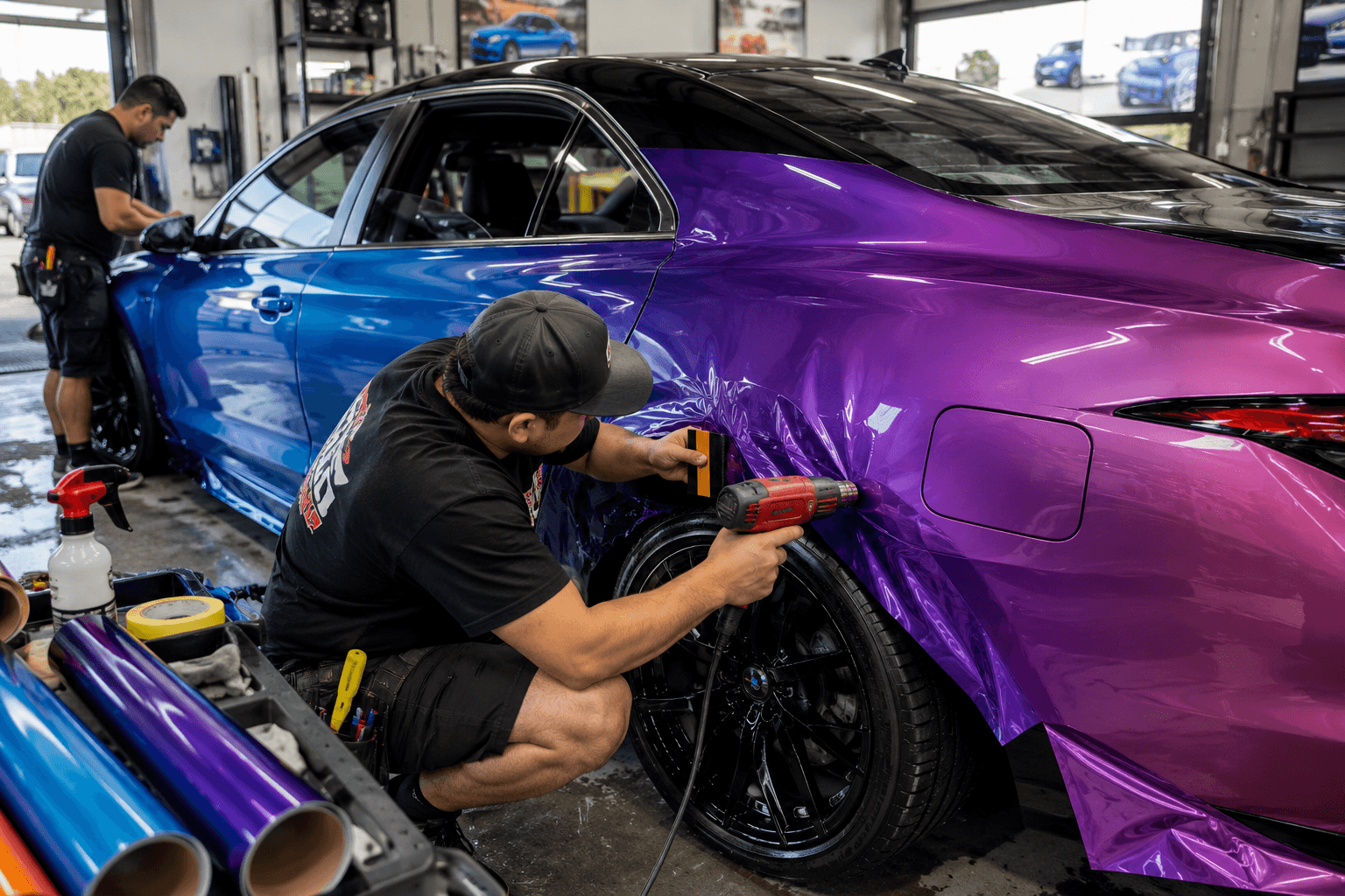 Iridescent Vinyl Wrap in the Garage (1)